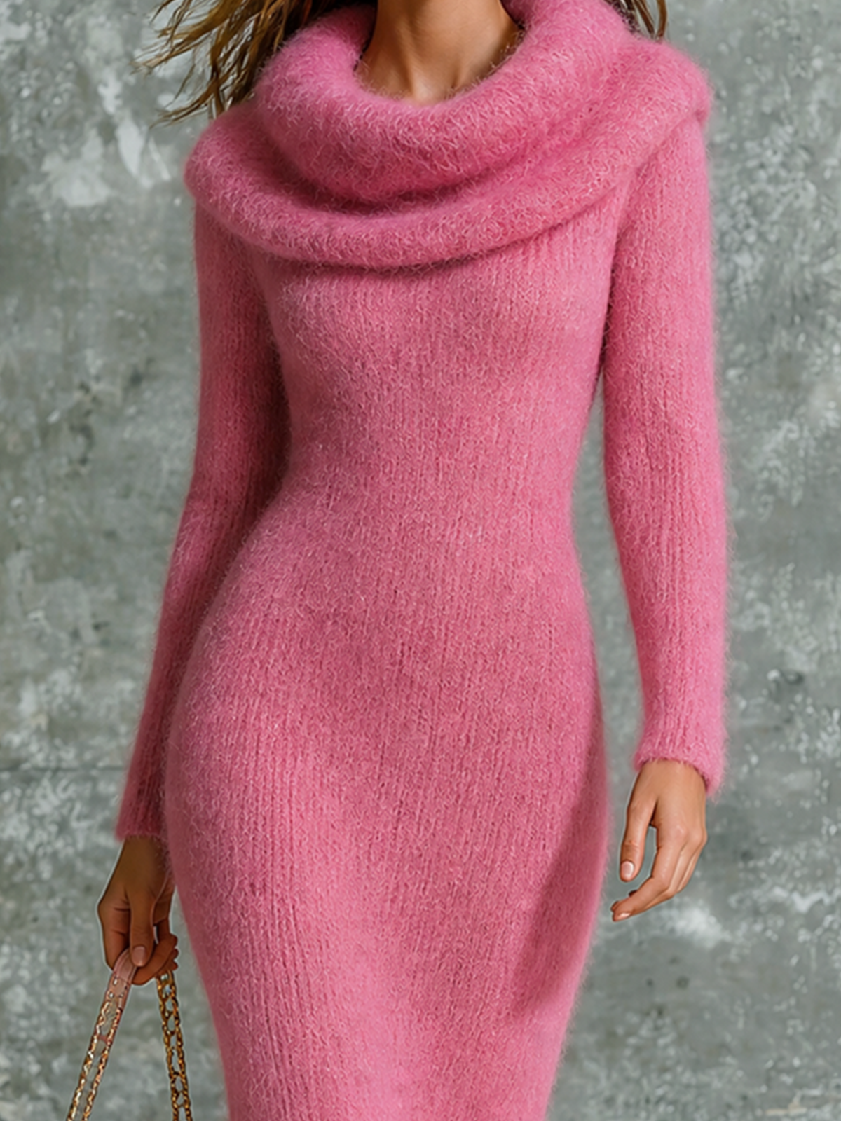 Chic Elegant Pink Cowl Fold‑Over Collar Long-Sleeve Slim-Fit Fuzzy Mohair Knit Maxi Dress