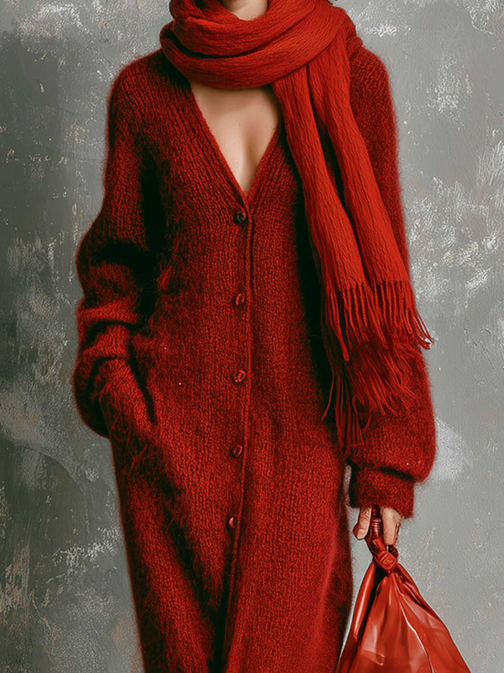 Chic Elegant Red V‑Neck Single-Breasted Long-Sleeve Loose-Fit Midi Dress Fringed Wrap Scarf Fuzzy Mohair Knit Two-Piece Set