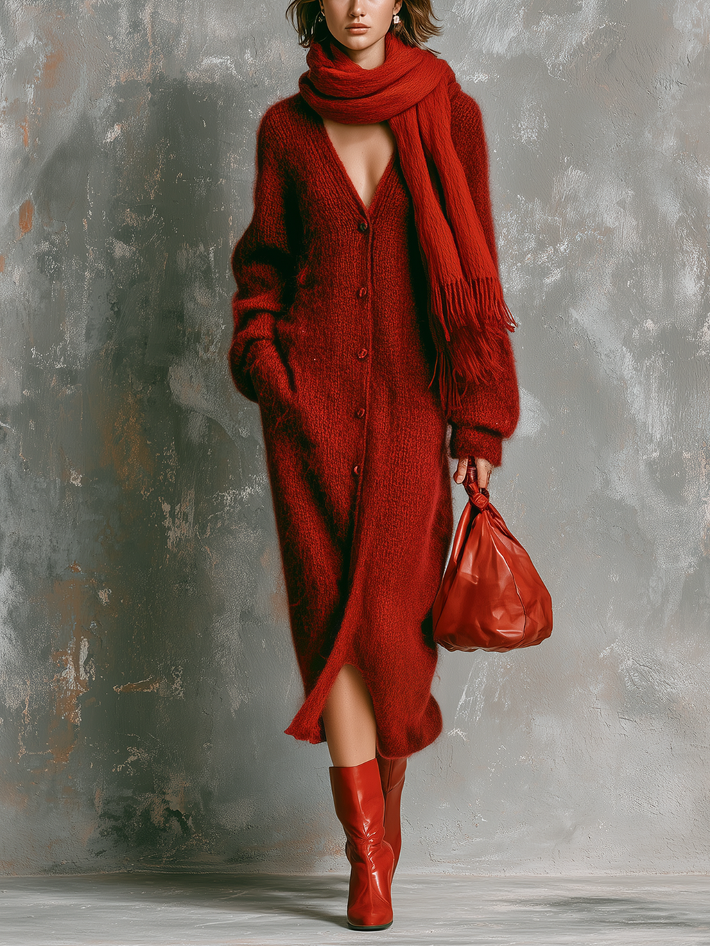 Chic Elegant Red V‑Neck Single-Breasted Long-Sleeve Loose-Fit Midi Dress Fringed Wrap Scarf Fuzzy Mohair Knit Two-Piece Set