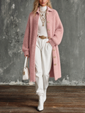Chic Casual Dusty Pink Lapel-Collar Gold Single-Breasted Long-Sleeve Loose-Fit Soft Mohair Knit Long Cardigan