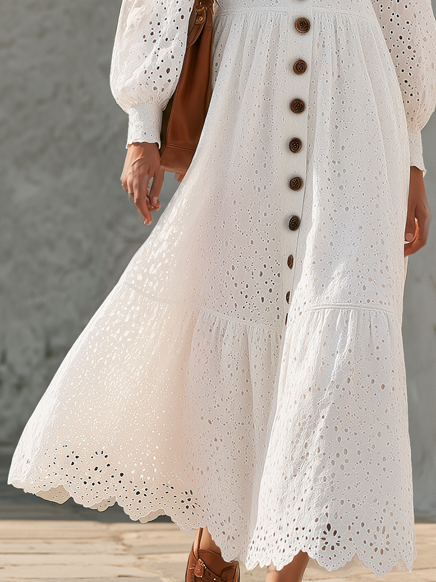 Ivory Eyelet Button-Front Puff-Sleeve Tiered Boho Resort-style Cotton Embroidery Midi Dress