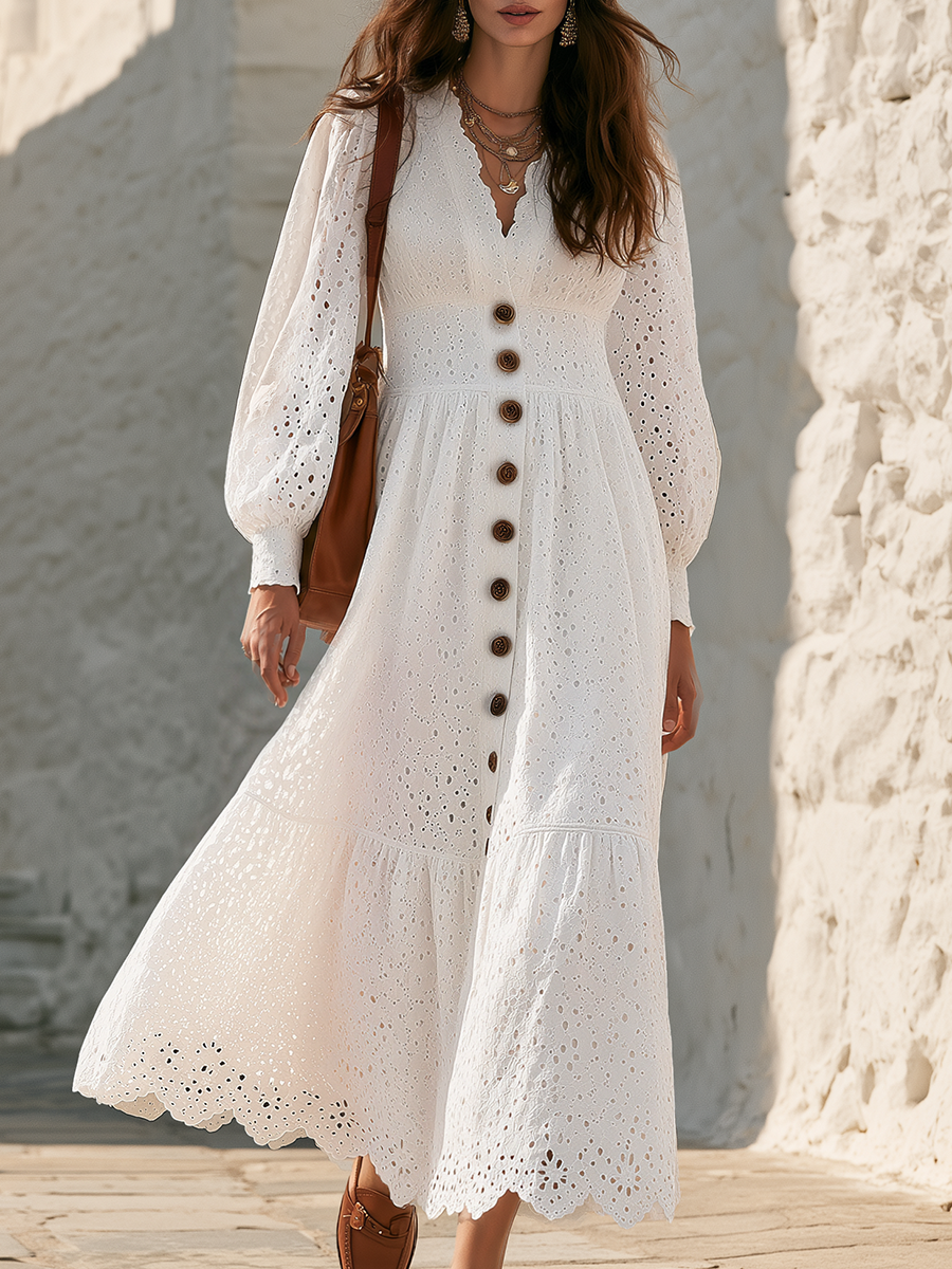 Ivory Eyelet Button-Front Puff-Sleeve Tiered Boho Resort-style Cotton Embroidery Midi Dress