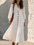 Ivory Eyelet Button-Front Puff-Sleeve Tiered Boho Resort-style Cotton Embroidery Midi Dress