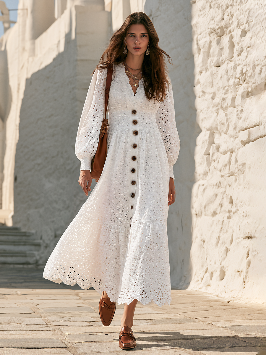 Ivory Eyelet Button-Front Puff-Sleeve Tiered Boho Resort-style Cotton Embroidery Midi Dress