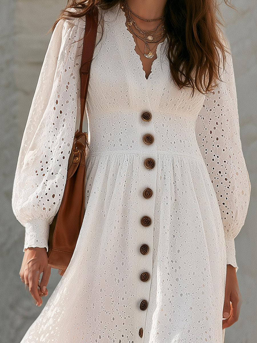 Ivory Eyelet Button-Front Puff-Sleeve Tiered Boho Resort-style Cotton Embroidery Midi Dress
