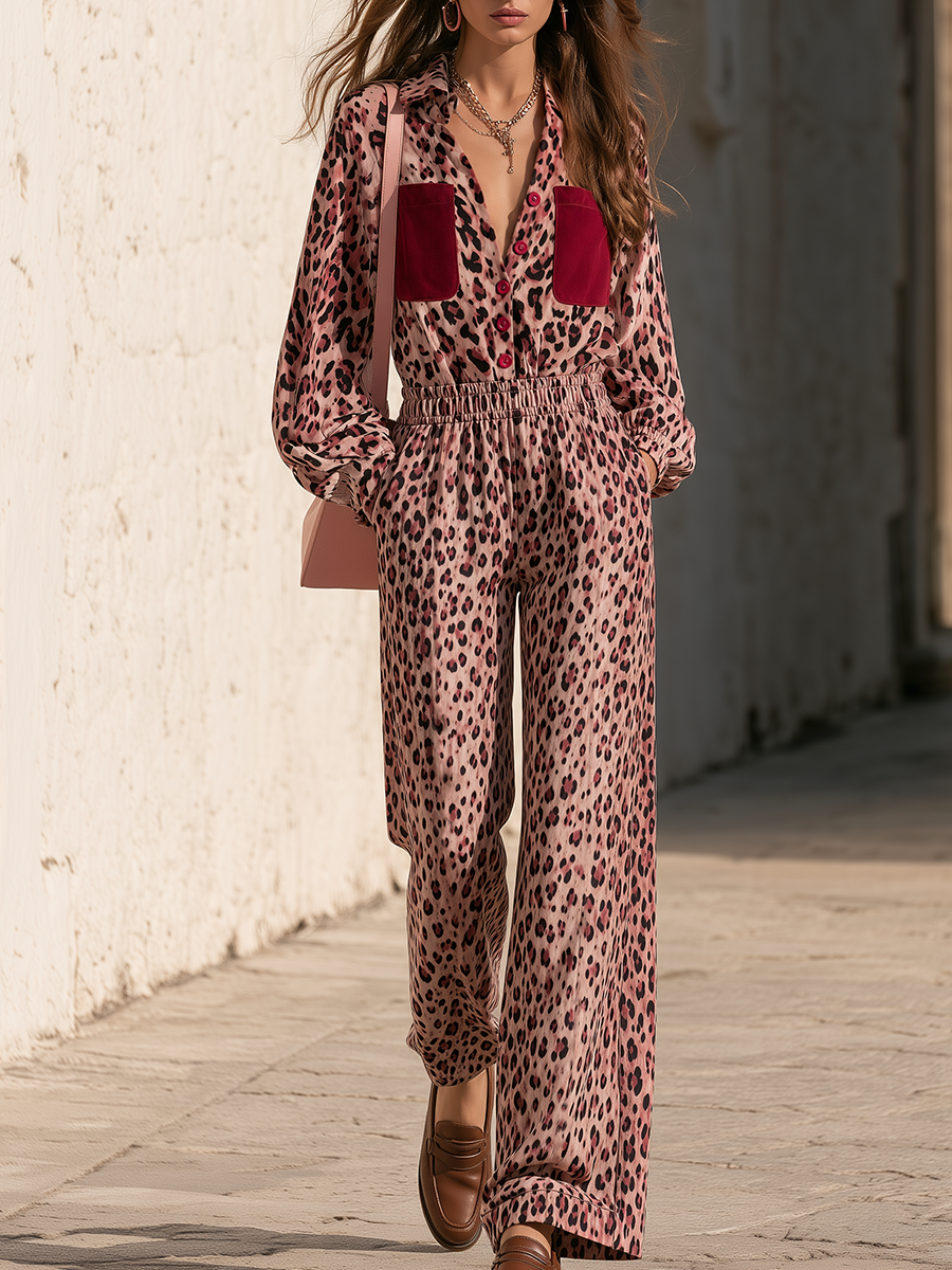 Dusty Rose Leopard Print Contrast Pocket Relaxed Wide-Leg Button-Front Jumpsuit