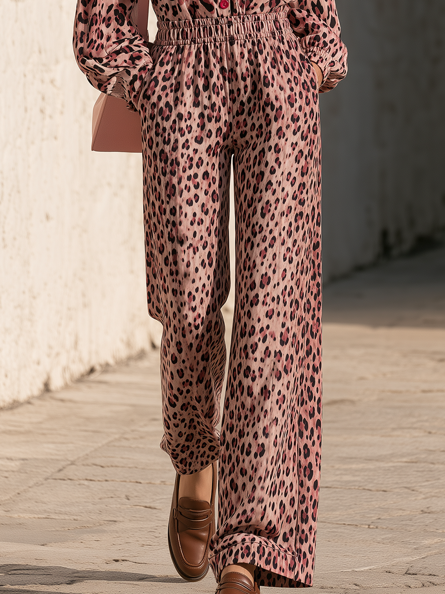 Dusty Rose Leopard Print Contrast Pocket Relaxed Wide-Leg Button-Front Jumpsuit