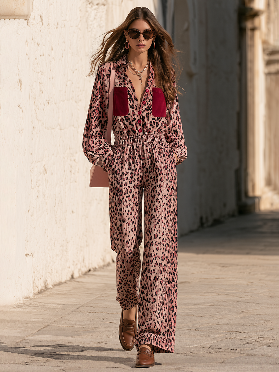 Dusty Rose Leopard Print Contrast Pocket Relaxed Wide-Leg Button-Front Jumpsuit