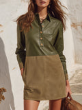Desert Inspired Vibe Olive Green Khaki Faux Leather Color Block Shirt Mini Dress