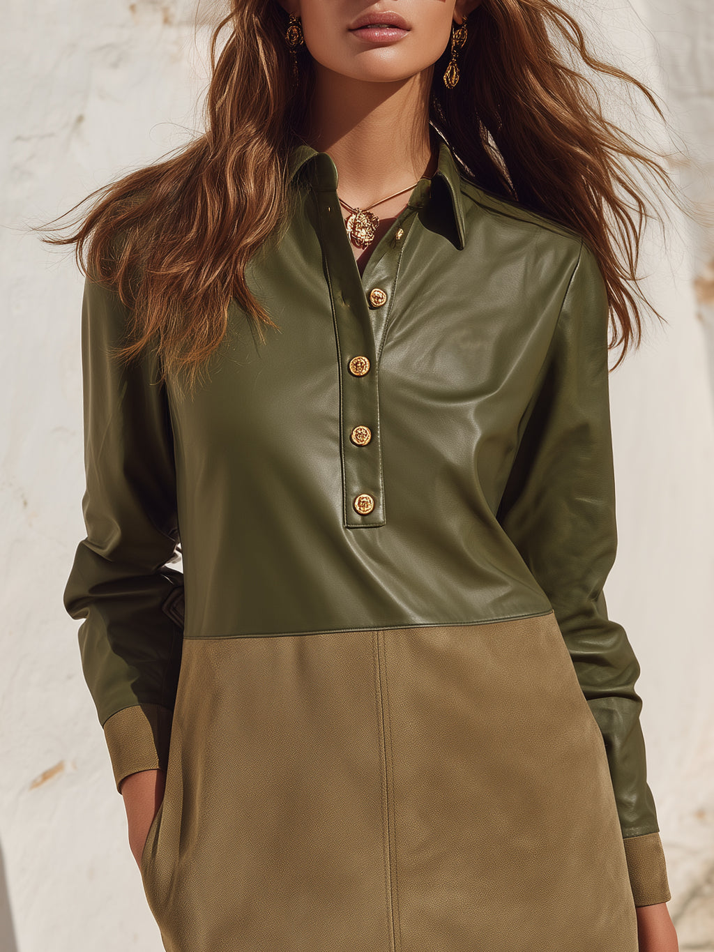 Desert Inspired Vibe Olive Green Khaki Faux Leather Color Block Shirt Mini Dress
