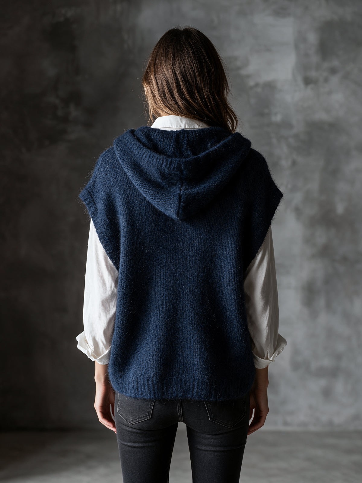 Chic Elegant Navy Blue-White Colorblock Hooded Collar Dropped-Shoulder Loose-Fit Soft Mohair Blend Knit Vest