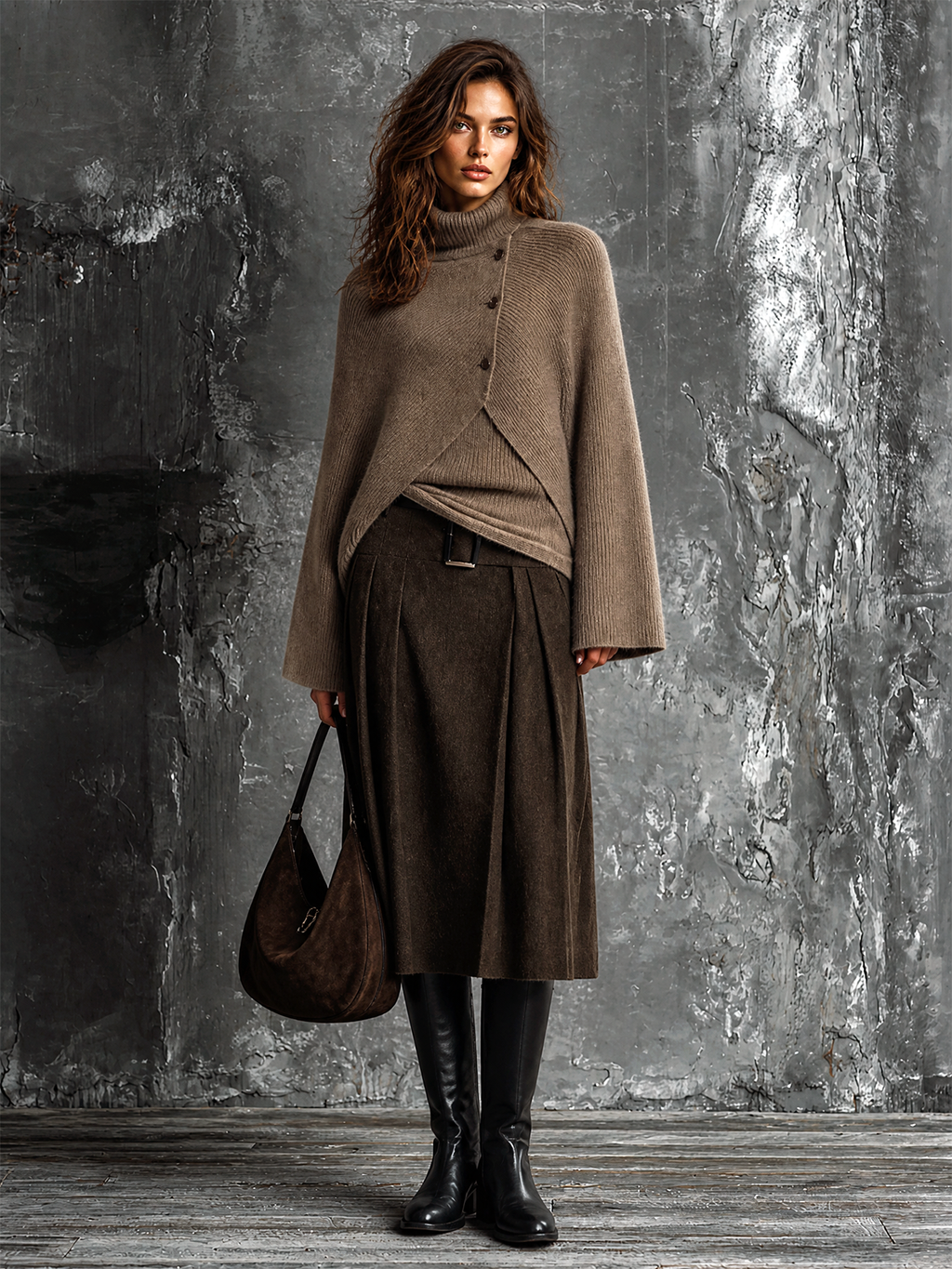 Chic Elegant Camel Turtleneck Button Detail Flare Long-Sleeve Knit Sweater Brown Pleated A‑Line Midi Skirt Wool‑Blend Two-Piece Set
