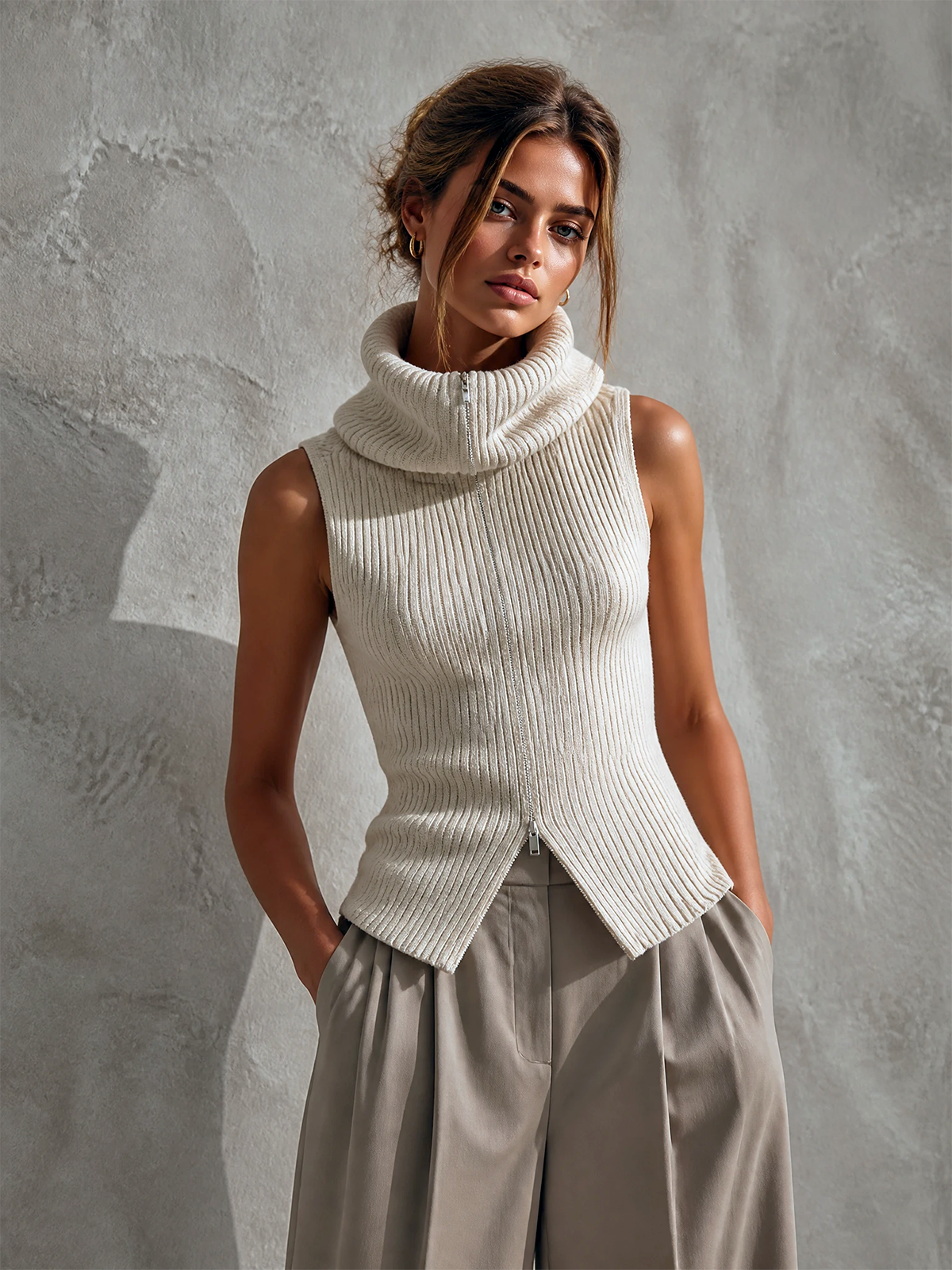 Chic Casual Off‑White Cowl Neck Full‑Zip Sleeveless Loose-Fit Ribbed Knit Tank Top
