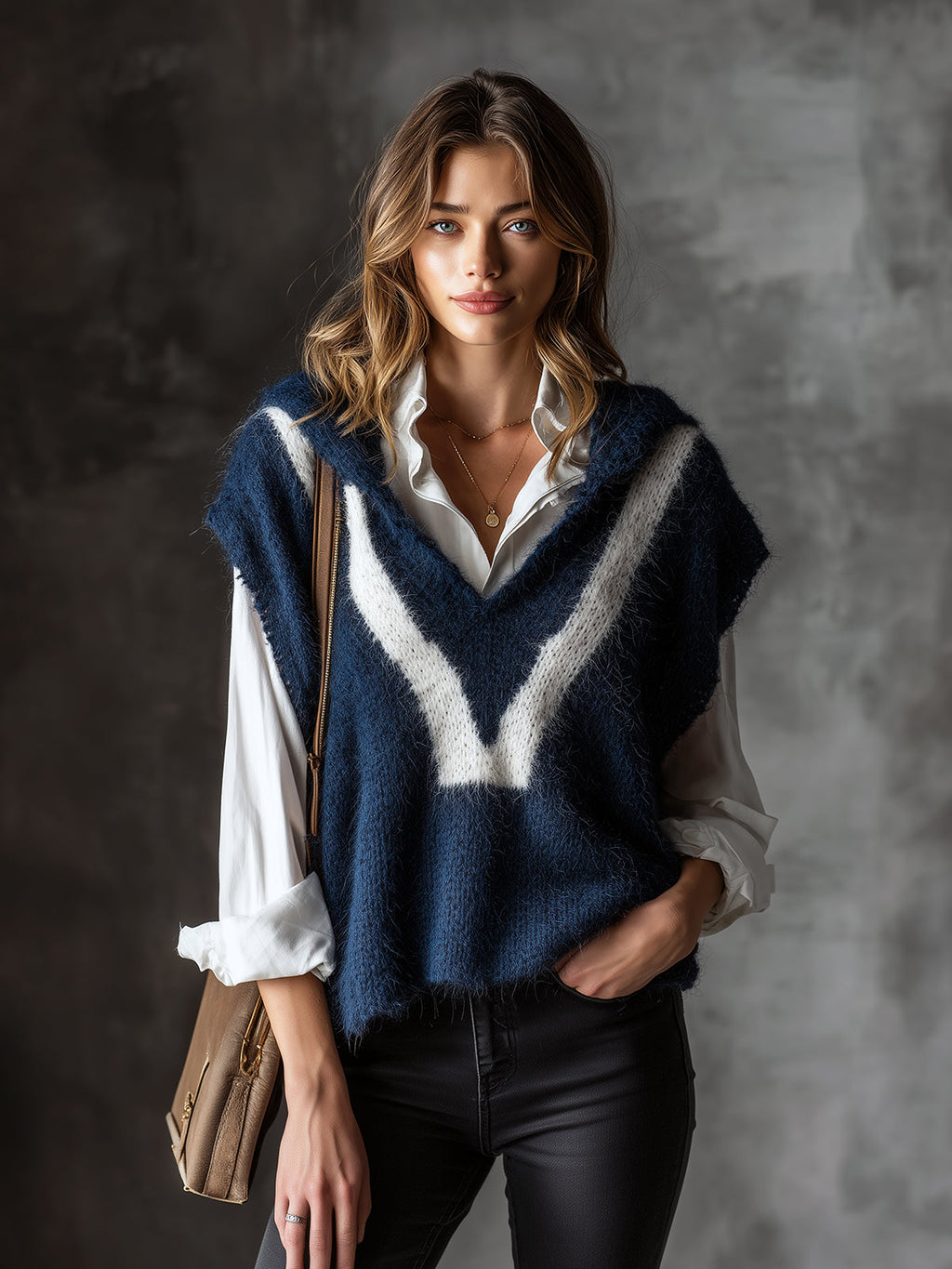 Chic Elegant Navy Blue-White Colorblock Hooded Collar Dropped-Shoulder Loose-Fit Soft Mohair Blend Knit Vest