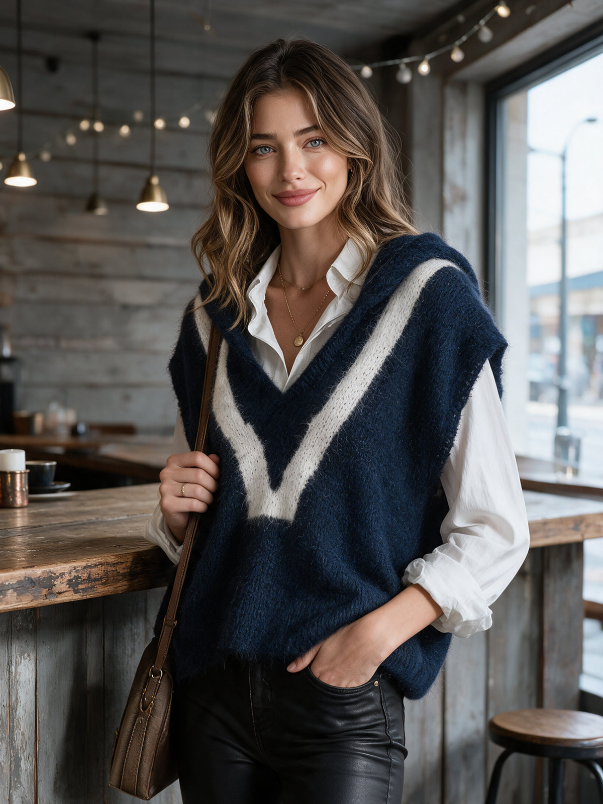 Chic Elegant Navy Blue-White Colorblock Hooded Collar Dropped-Shoulder Loose-Fit Soft Mohair Blend Knit Vest