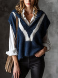 Chic Elegant Navy Blue-White Colorblock Hooded Collar Dropped-Shoulder Loose-Fit Soft Mohair Blend Knit Vest