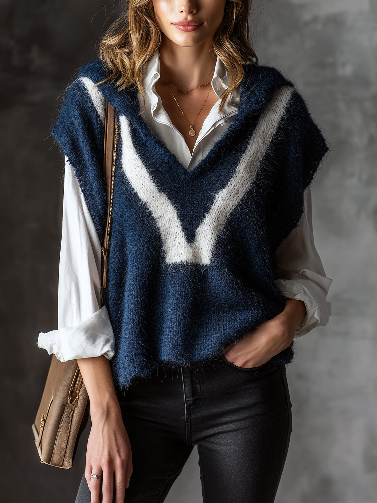 Chic Elegant Navy Blue-White Colorblock Hooded Collar Dropped-Shoulder Loose-Fit Soft Mohair Blend Knit Vest