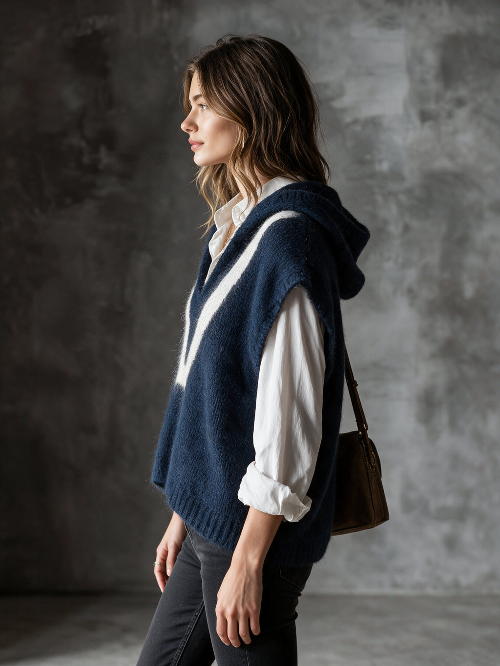 Chic Elegant Navy Blue-White Colorblock Hooded Collar Dropped-Shoulder Loose-Fit Soft Mohair Blend Knit Vest