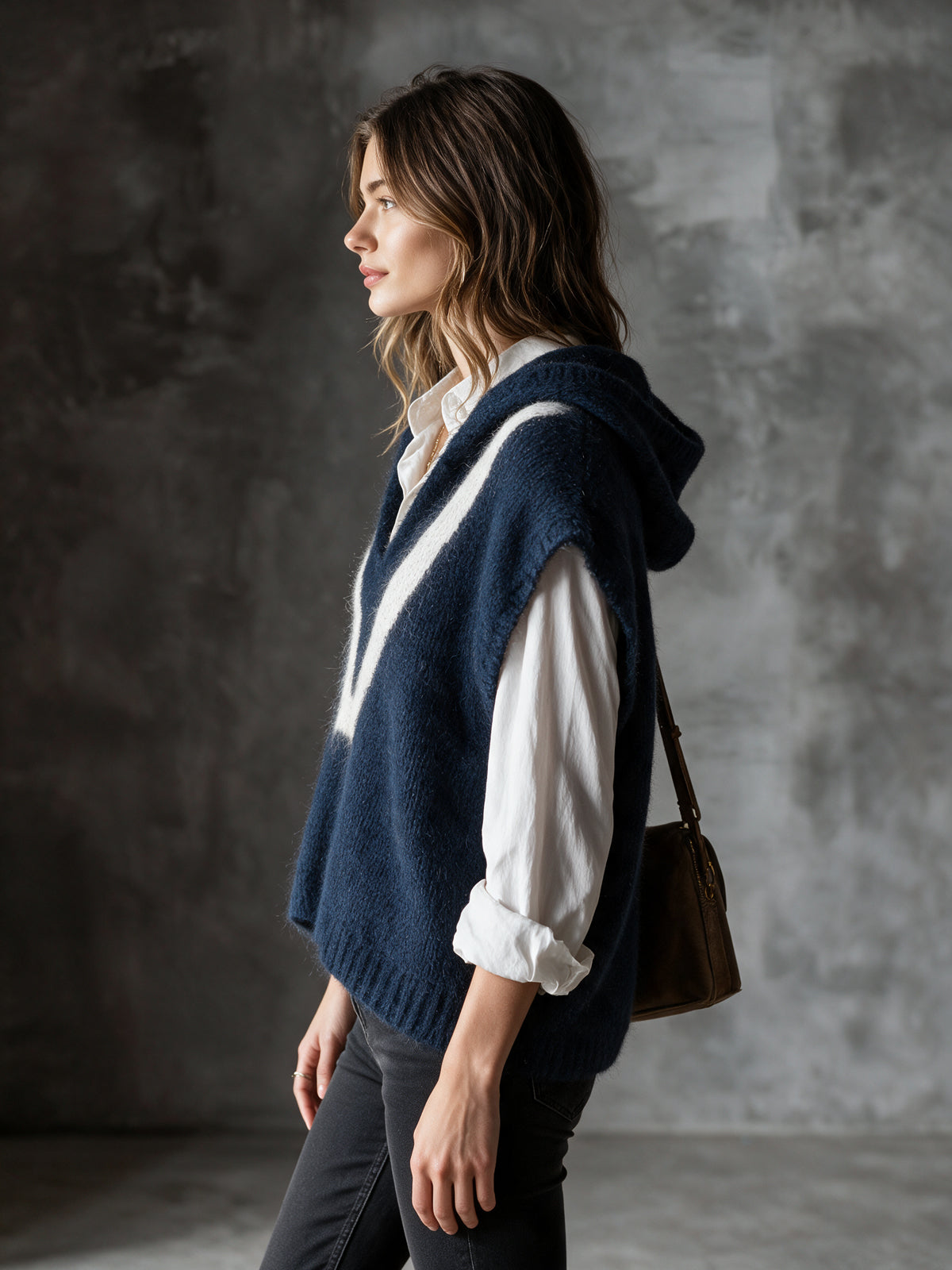 Chic Elegant Navy Blue-White Colorblock Hooded Collar Dropped-Shoulder Loose-Fit Soft Mohair Blend Knit Vest