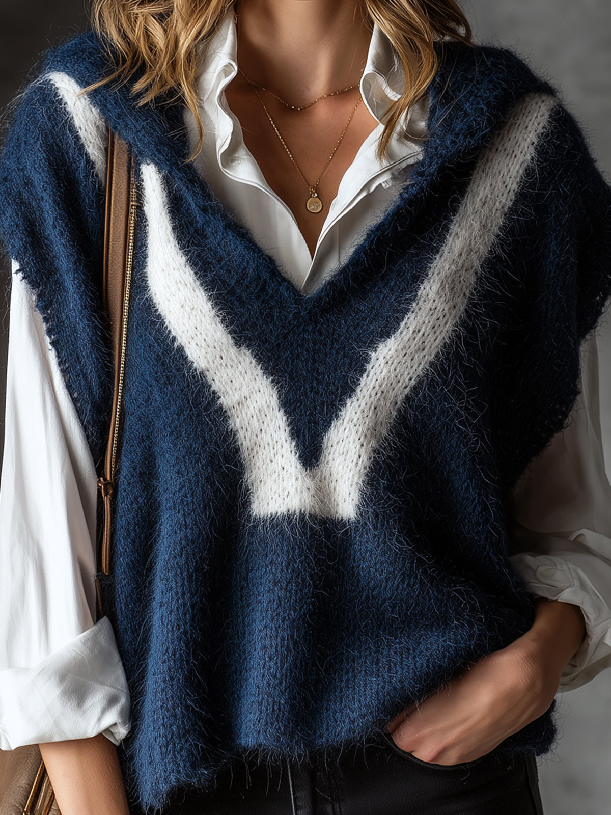 Chic Elegant Navy Blue-White Colorblock Hooded Collar Dropped-Shoulder Loose-Fit Soft Mohair Blend Knit Vest
