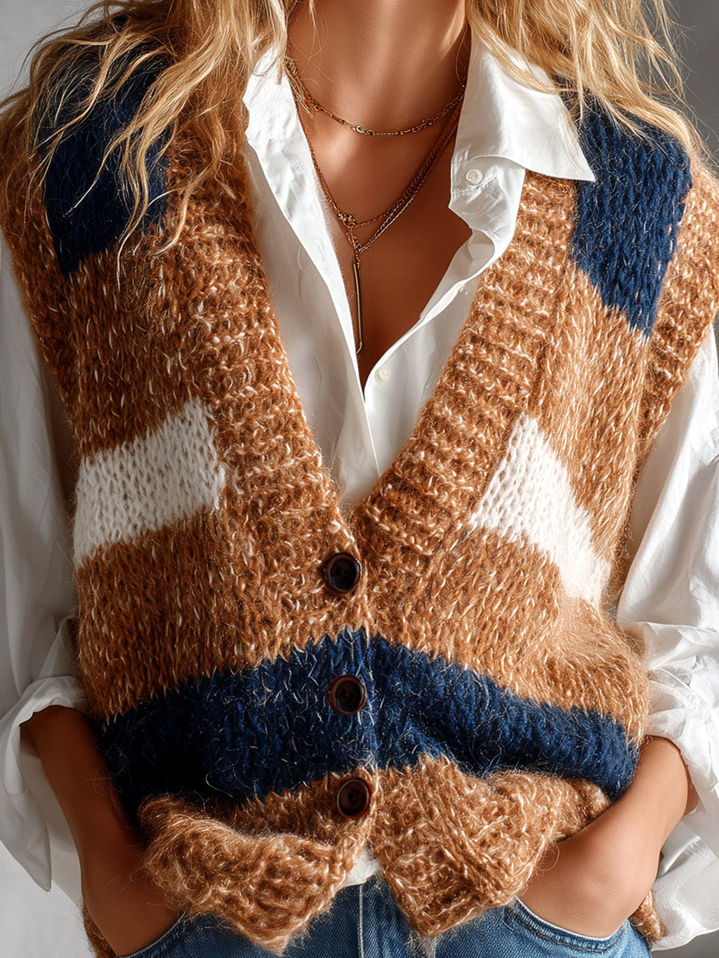 Chic Elegant Brown-Navy Blue Colorblock V-Neck Single-Breasted Sleeveless Loose-Fit Soft Mohair Blend Knit Vest