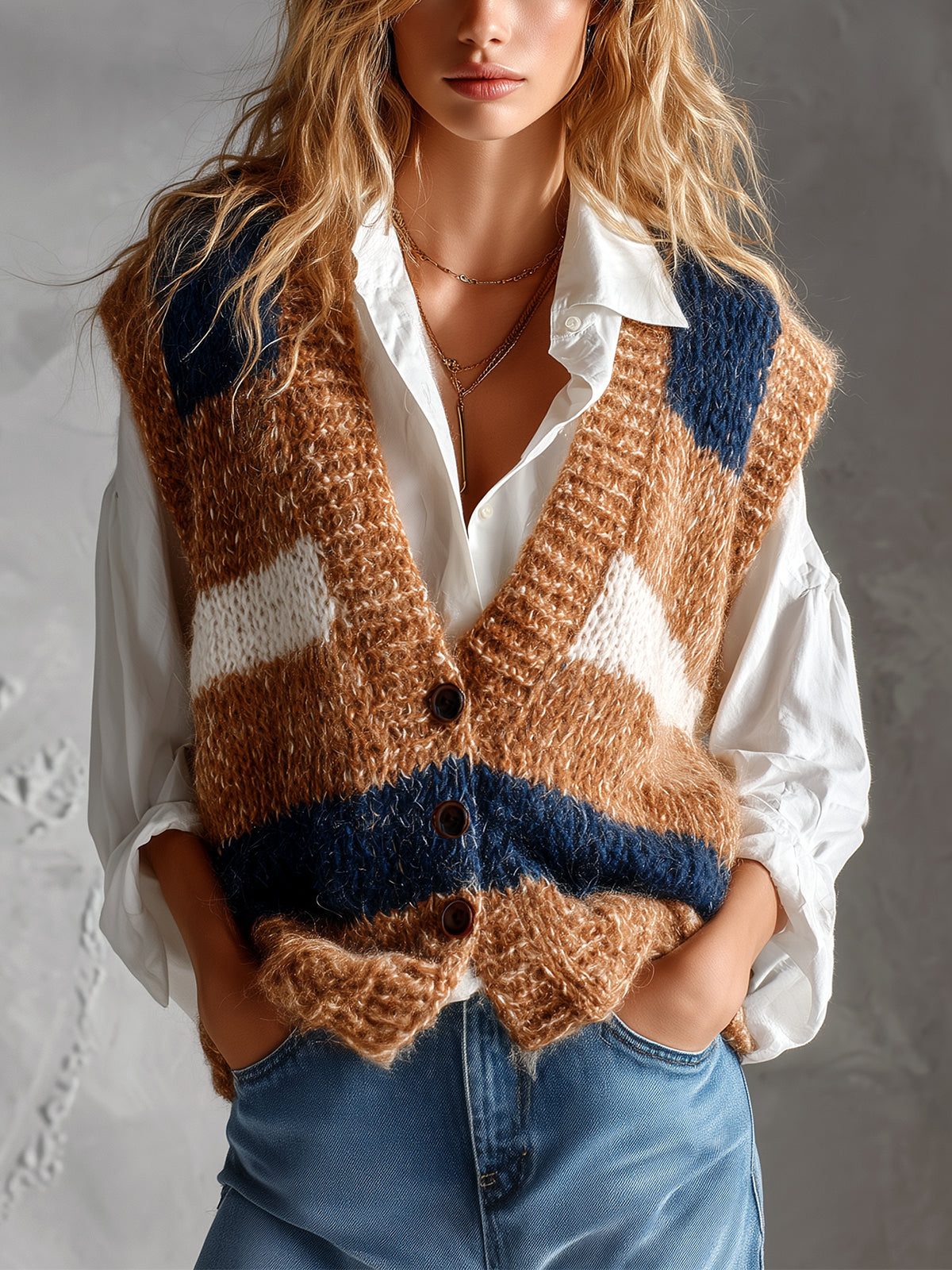 Chic Elegant Brown-Navy Blue Colorblock V-Neck Single-Breasted Sleeveless Loose-Fit Soft Mohair Blend Knit Vest