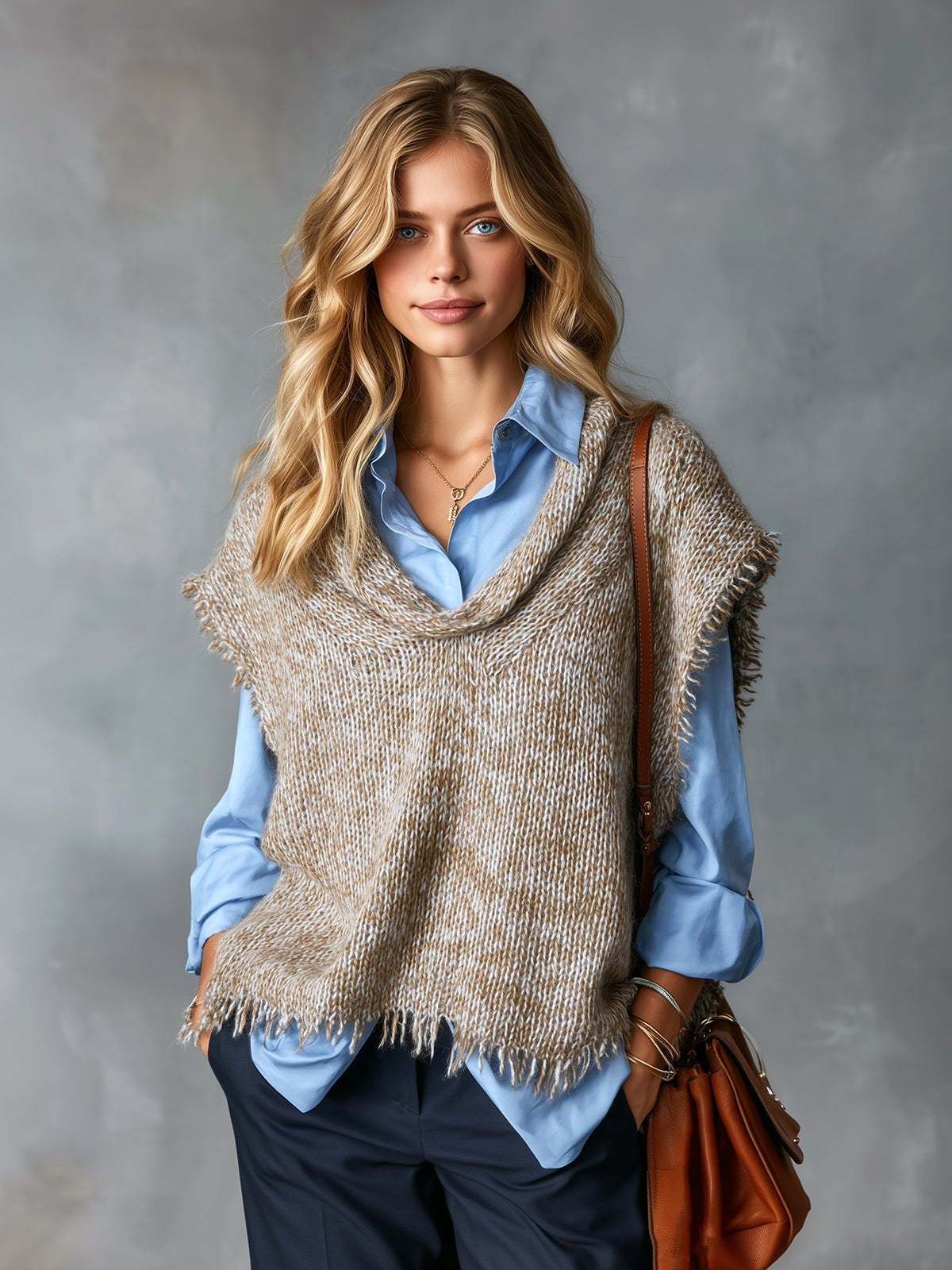 Chic Casual Light Brown Round-Neck Dropped-Shoulder Sleeveless Fringe Detail Loose-Fit Wool Blend Knit Vest