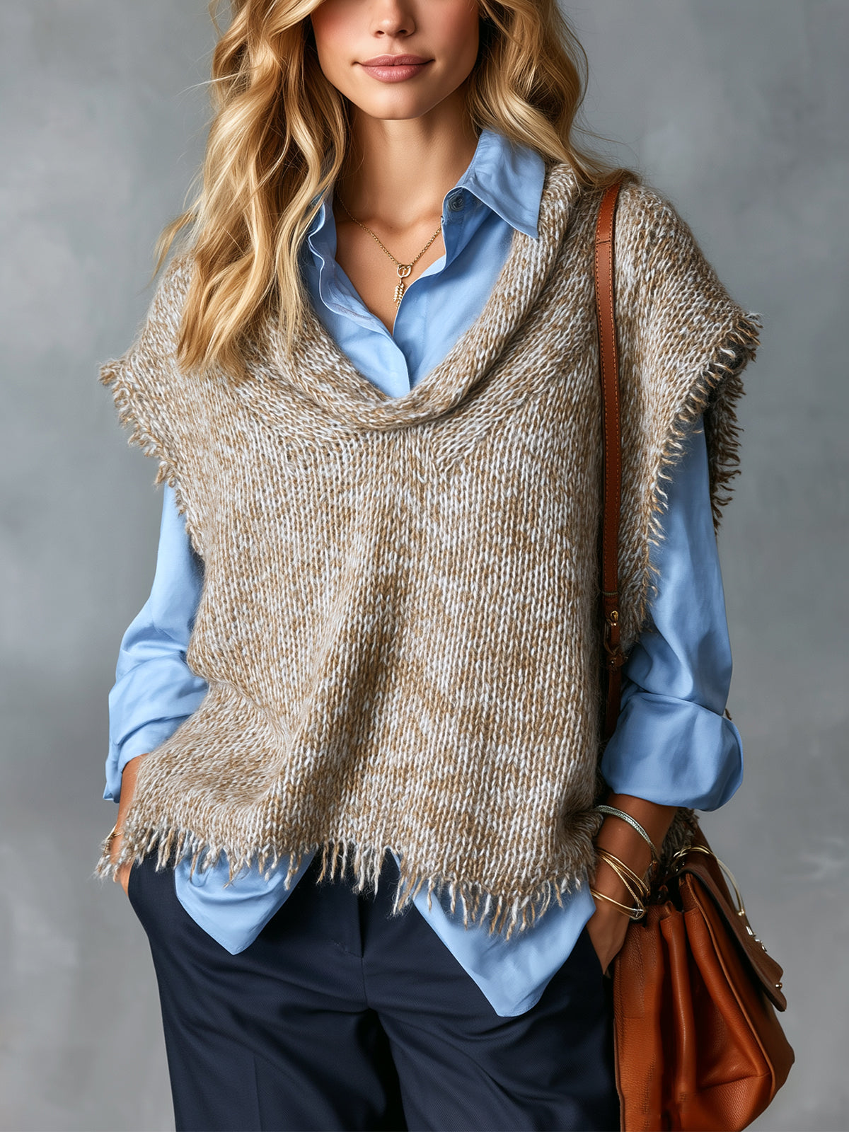 Chic Casual Light Brown Round-Neck Dropped-Shoulder Sleeveless Fringe Detail Loose-Fit Wool Blend Knit Vest
