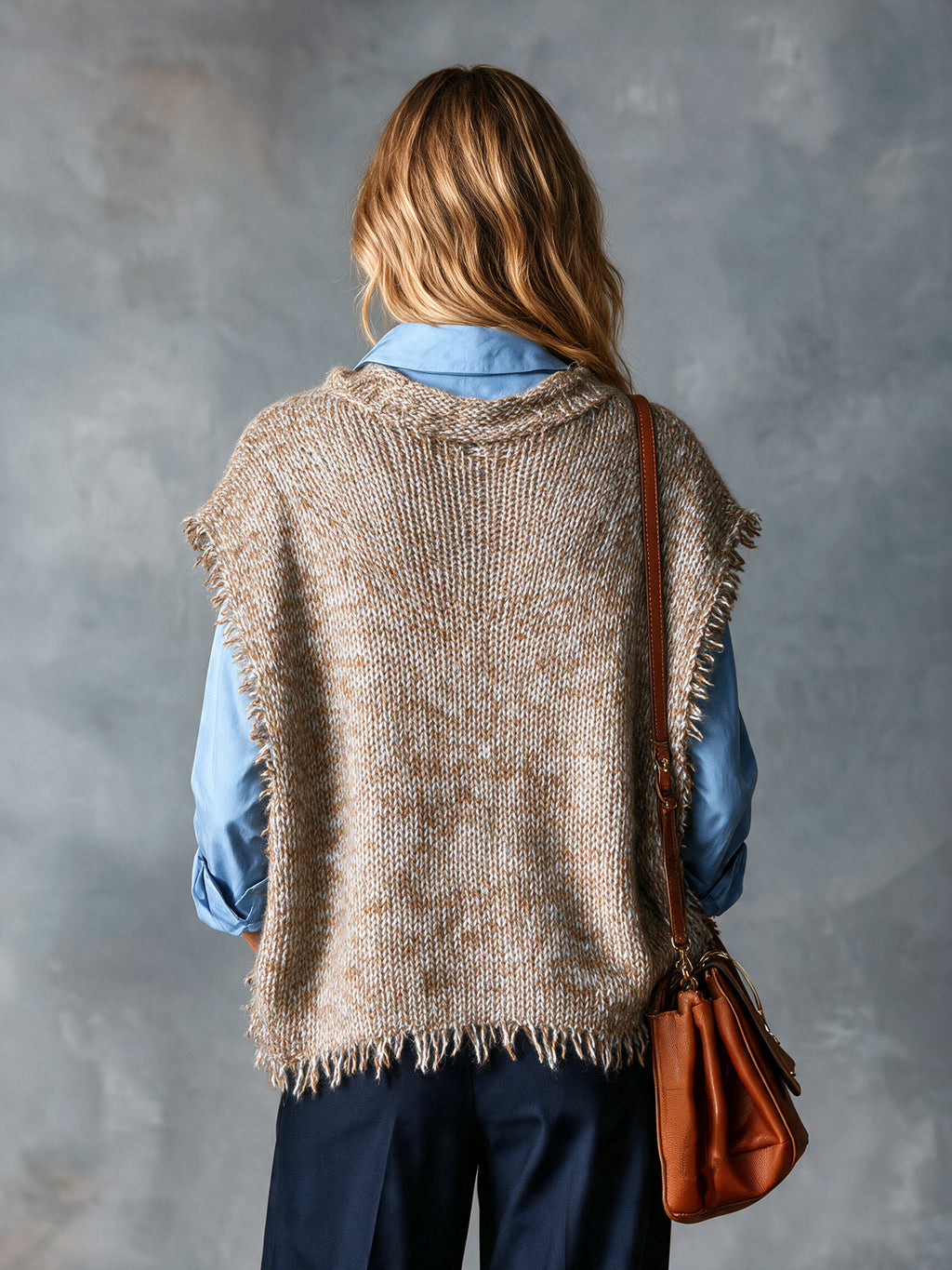 Chic Casual Light Brown Round-Neck Dropped-Shoulder Sleeveless Fringe Detail Loose-Fit Wool Blend Knit Vest