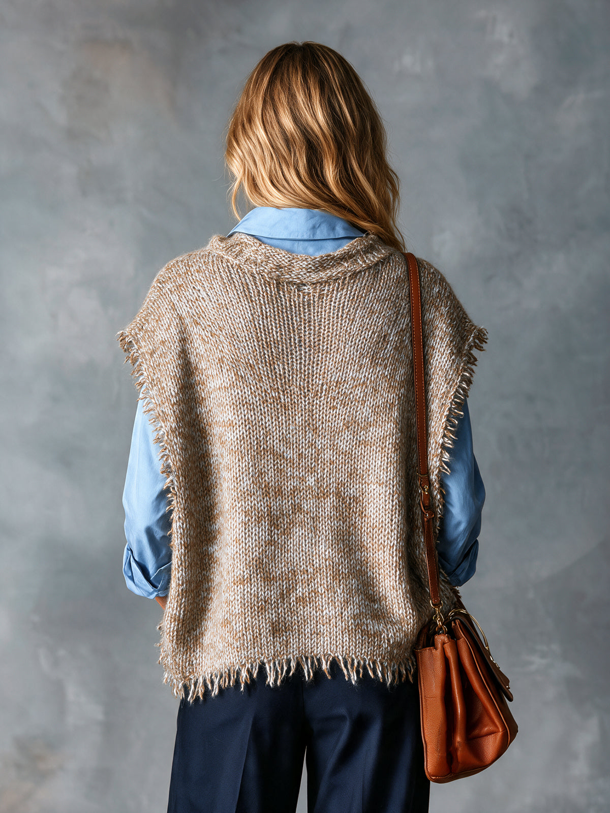 Chic Casual Light Brown Round-Neck Dropped-Shoulder Sleeveless Fringe Detail Loose-Fit Wool Blend Knit Vest
