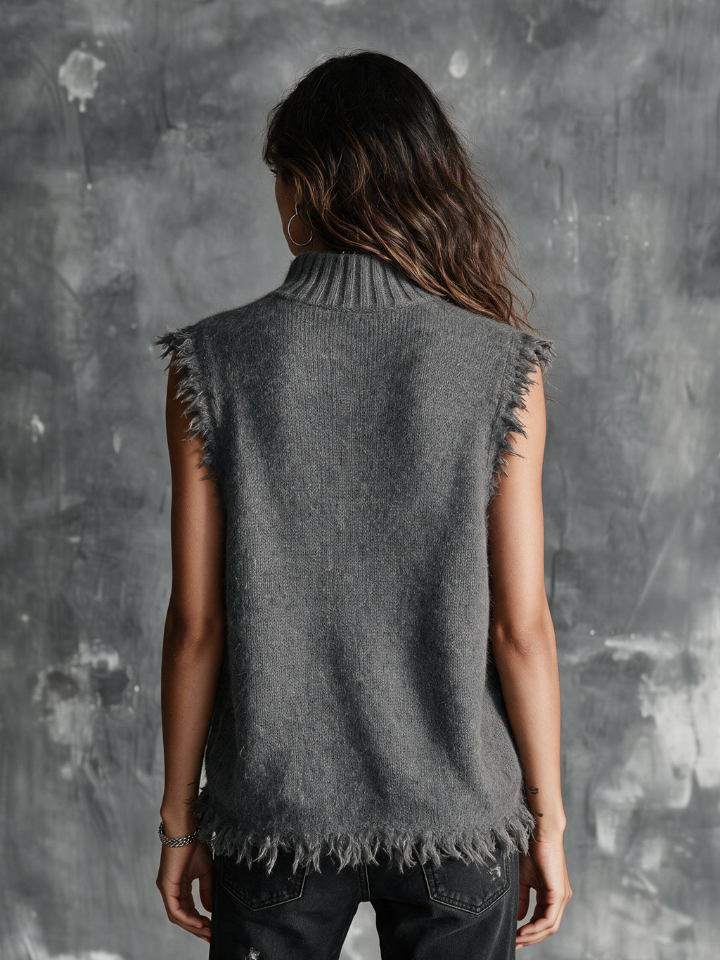 Chic Casual Gray Button-Up Stand Collar V-Neck Sleeveless Raw Edge Detail Loose-Fit Mohair Blend Knit Vest