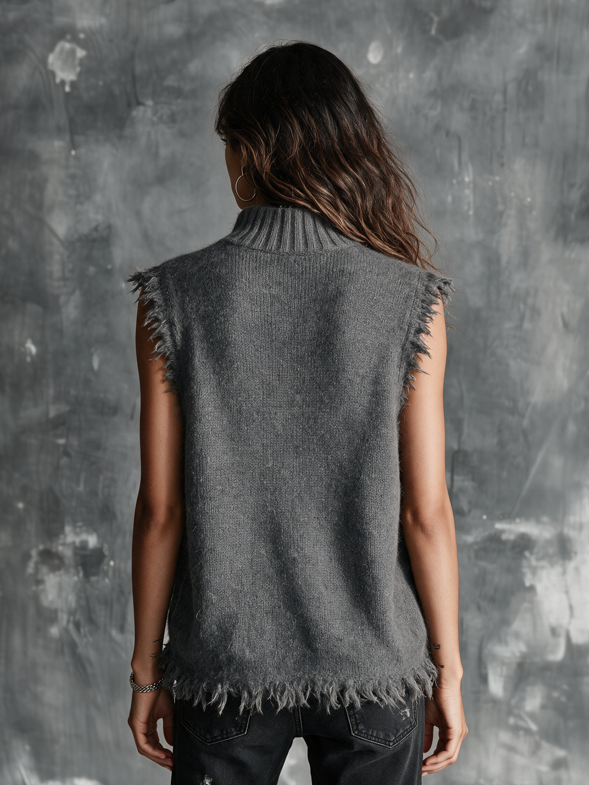 Chic Casual Gray Button-Up Stand Collar V-Neck Sleeveless Raw Edge Detail Loose-Fit Mohair Blend Knit Vest