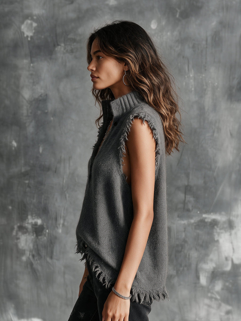Chic Casual Gray Button-Up Stand Collar V-Neck Sleeveless Raw Edge Detail Loose-Fit Mohair Blend Knit Vest