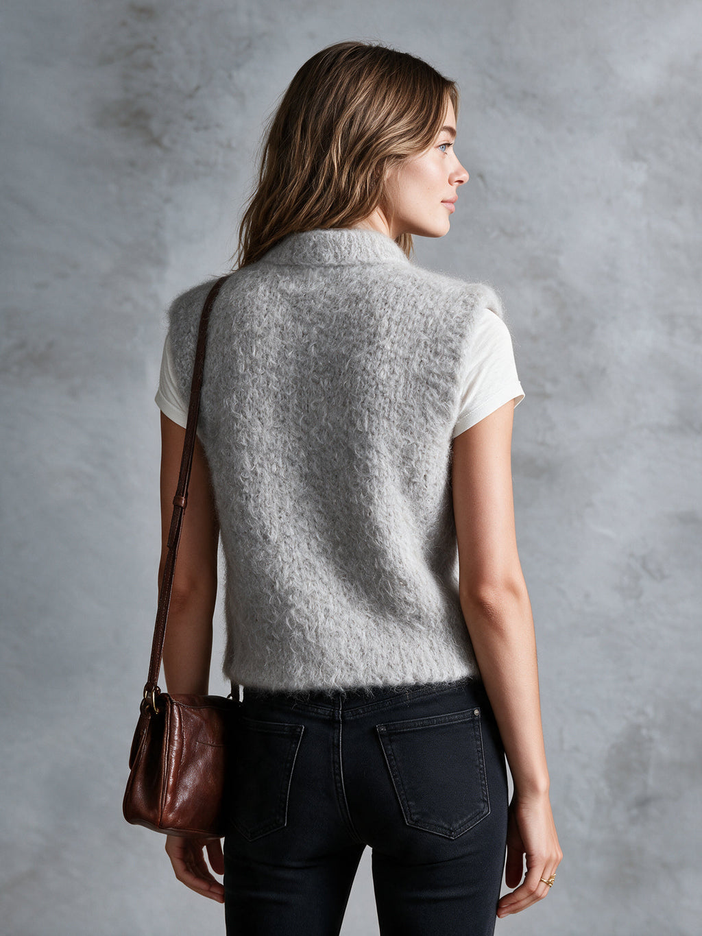 Chic Casual Light Gray Round-Neck Sleeveless Single-Breasted Slim-Fit Mohair-Wool Blend Knit Vest
