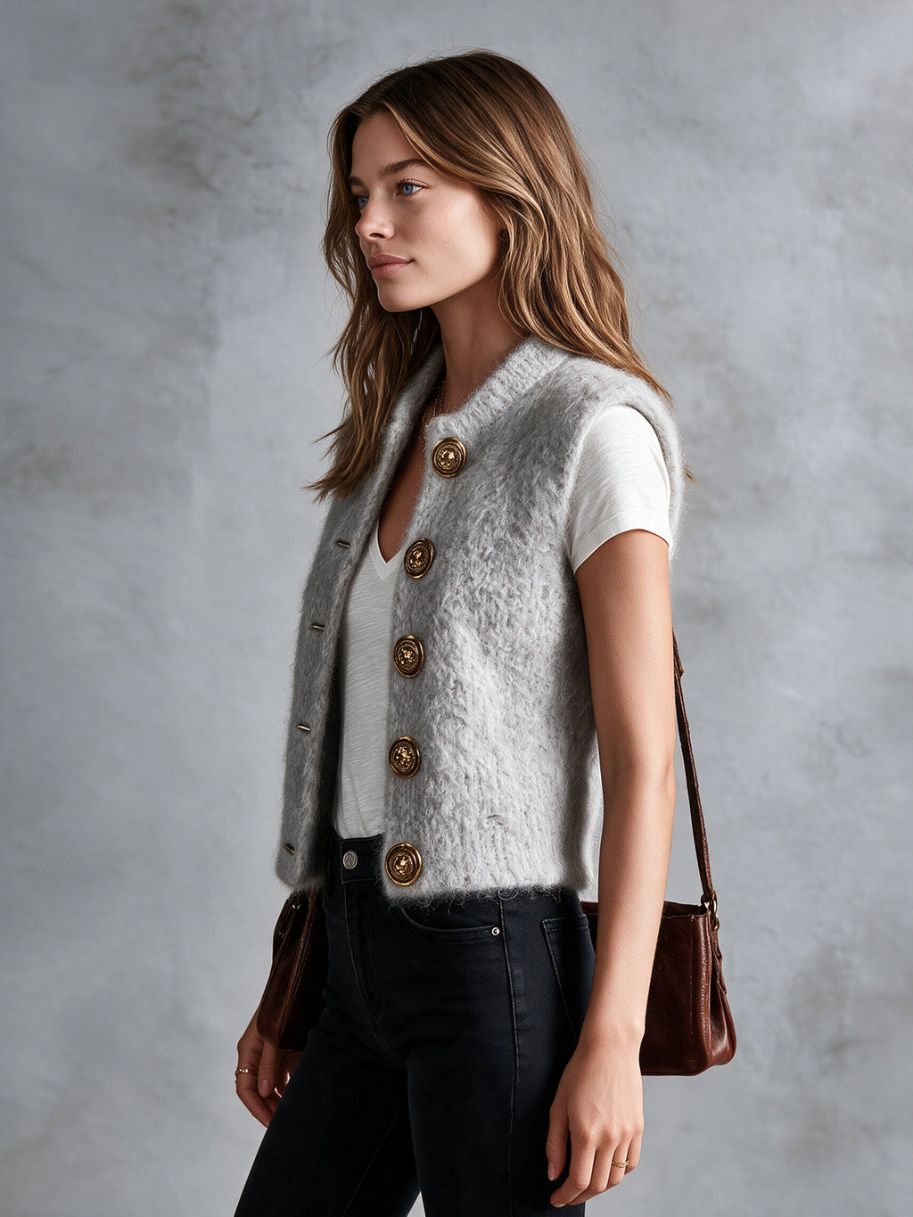 Chic Casual Light Gray Round-Neck Sleeveless Single-Breasted Slim-Fit Mohair-Wool Blend Knit Vest