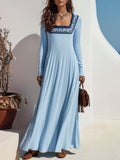 Boho Resort Vibe Light Blue Square Neck Embroidered Ribbed Knit Long Sleeve Maxi Dress