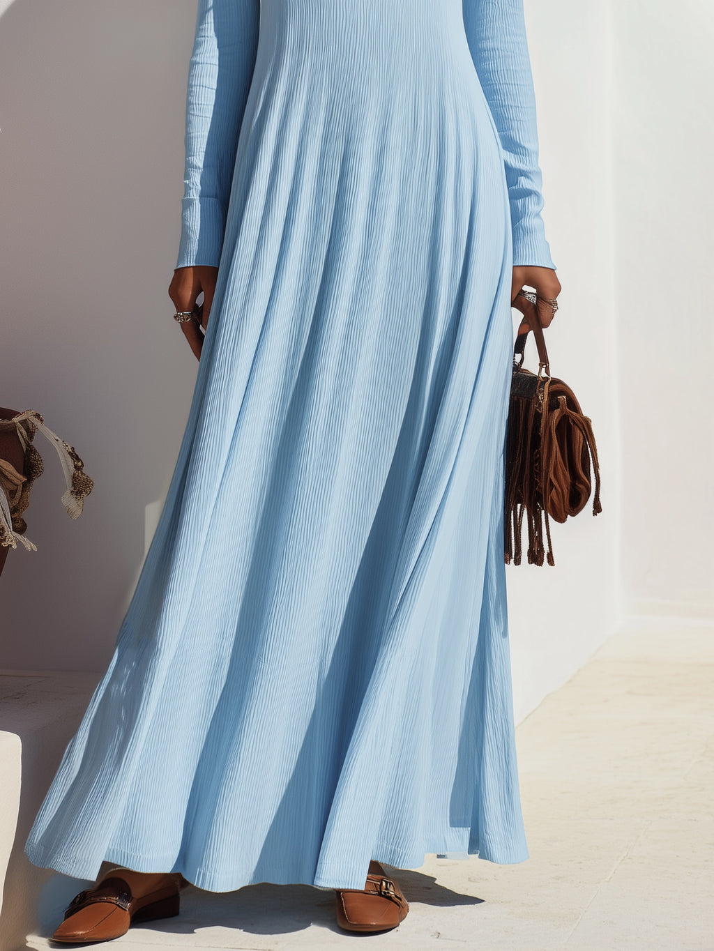 Boho Resort Vibe Light Blue Square Neck Embroidered Ribbed Knit Long Sleeve Maxi Dress