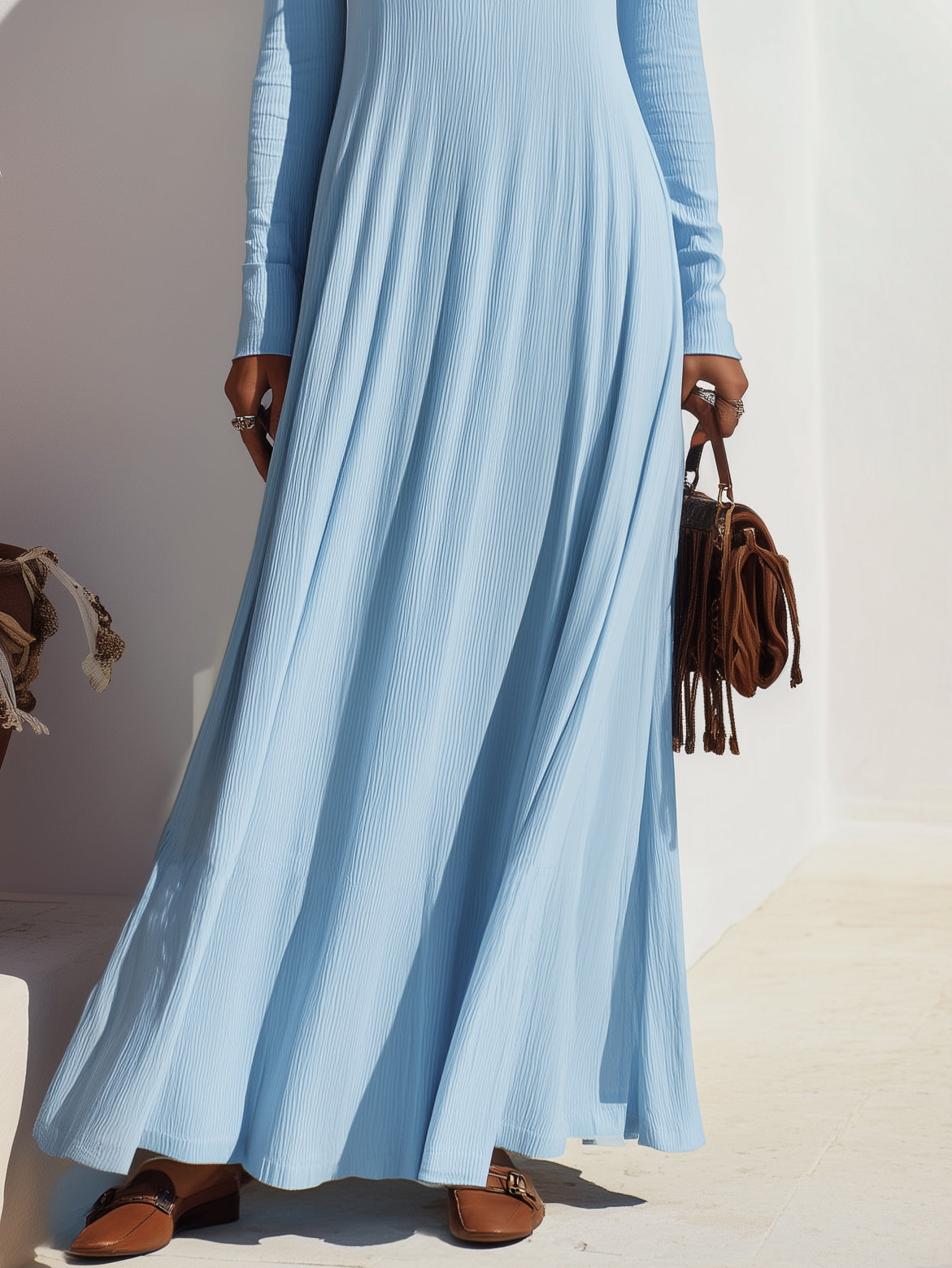 Boho Resort Vibe Light Blue Square Neck Embroidered Ribbed Knit Long Sleeve Maxi Dress