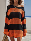 Festive Holiday Vibe Black Orange Stripe Off‑Shoulder Distressed Oversized Knit Tunic Sweater