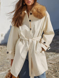 Old Money Casual Vibe Off‑White Faux Fur Collar Belted Mid‑Length Field Coat