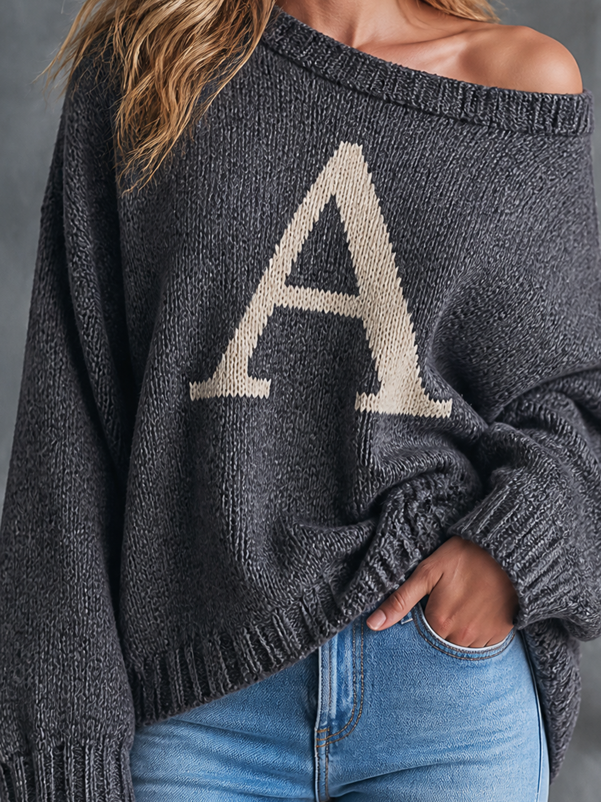 Chic Casual Charcoal Grey Off‑Shoulder Letter Jacquard Dropped-Shoulder Long-Sleeve Loose-Fit Knit Sweater