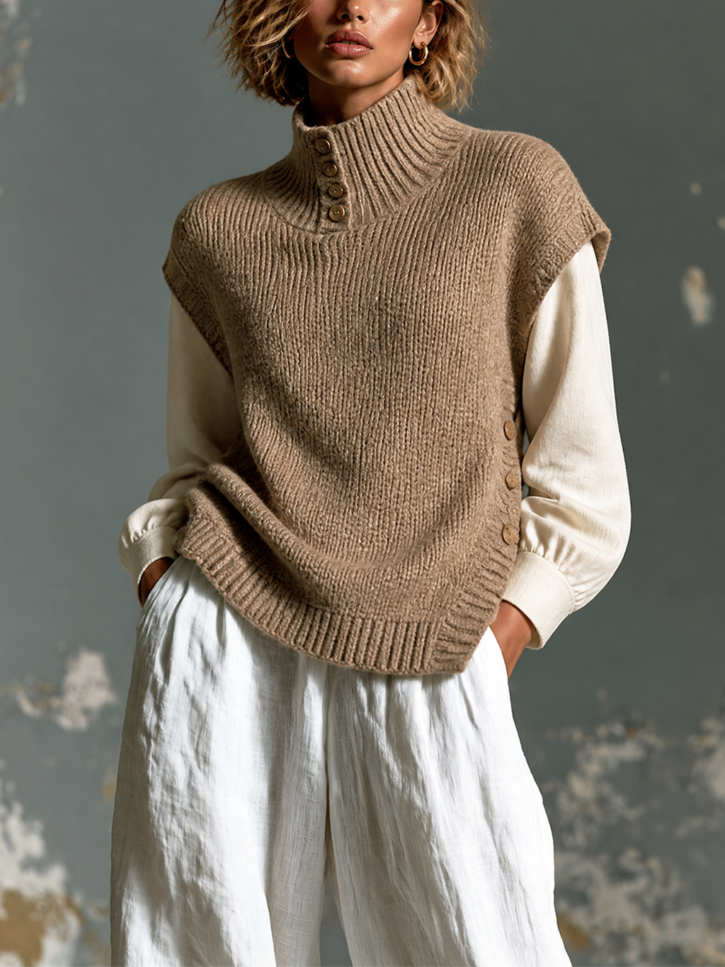 Chic Casual Camel Mock Neck Sleeveless Side-Slit Button Detail Loose-Fit Knit Vest