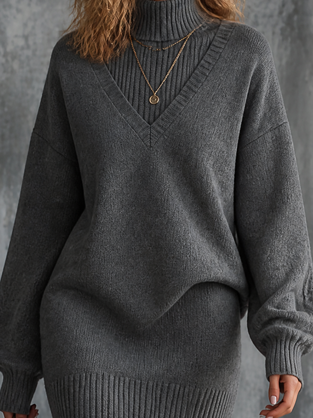 Chic Elegant Dark Grey Faux Two‑Piece Turtleneck V‑Neck Dropped-Shoulder Long-Sleeve Loose-Fit Knit Mini Dress