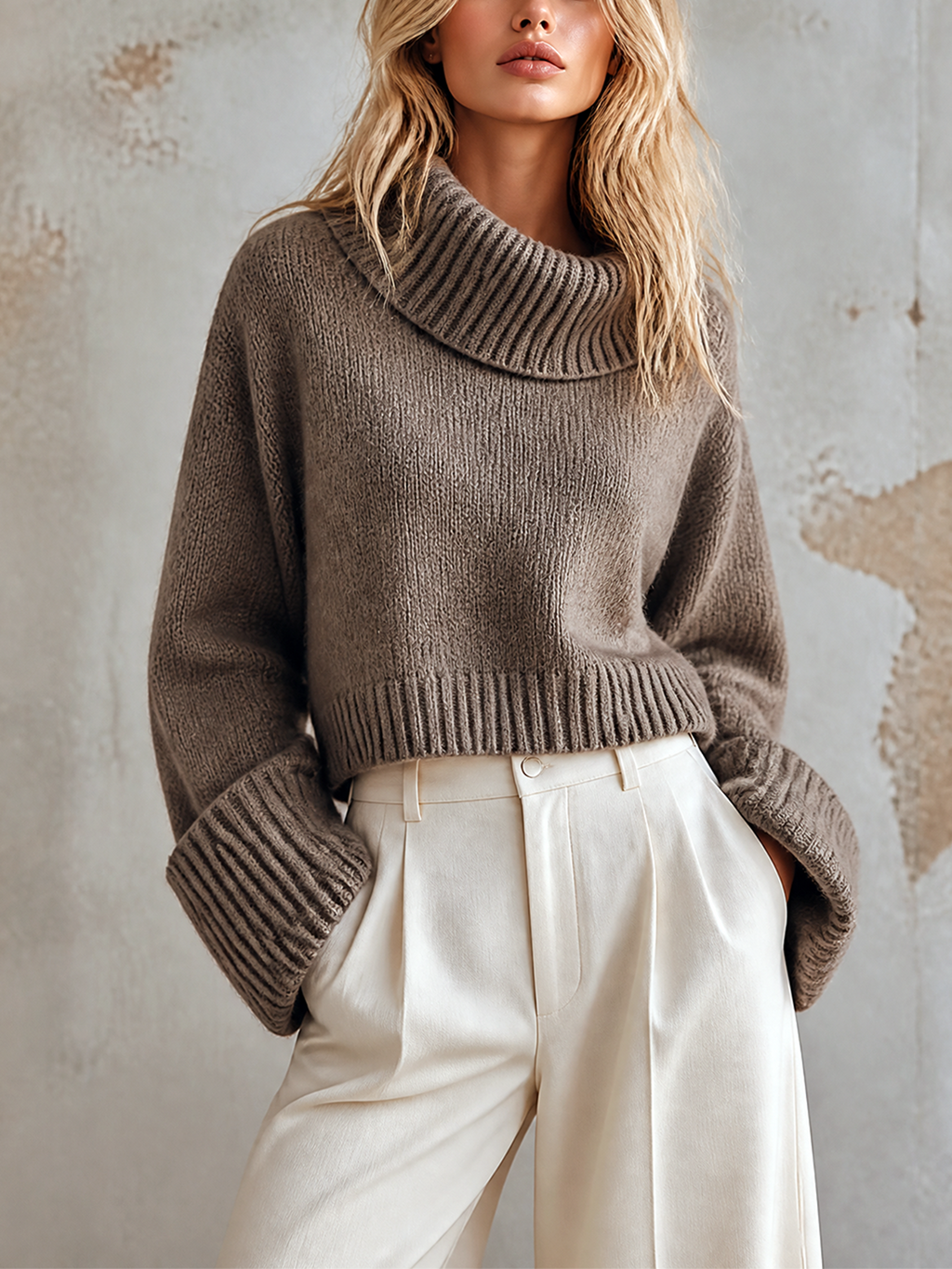 Chic Casual Taupe Brown Fold‑Over Turtleneck Dropped-Shoulder Long-Sleeve Loose-Fit Fuzzy Wool‑Blend Knit Sweater