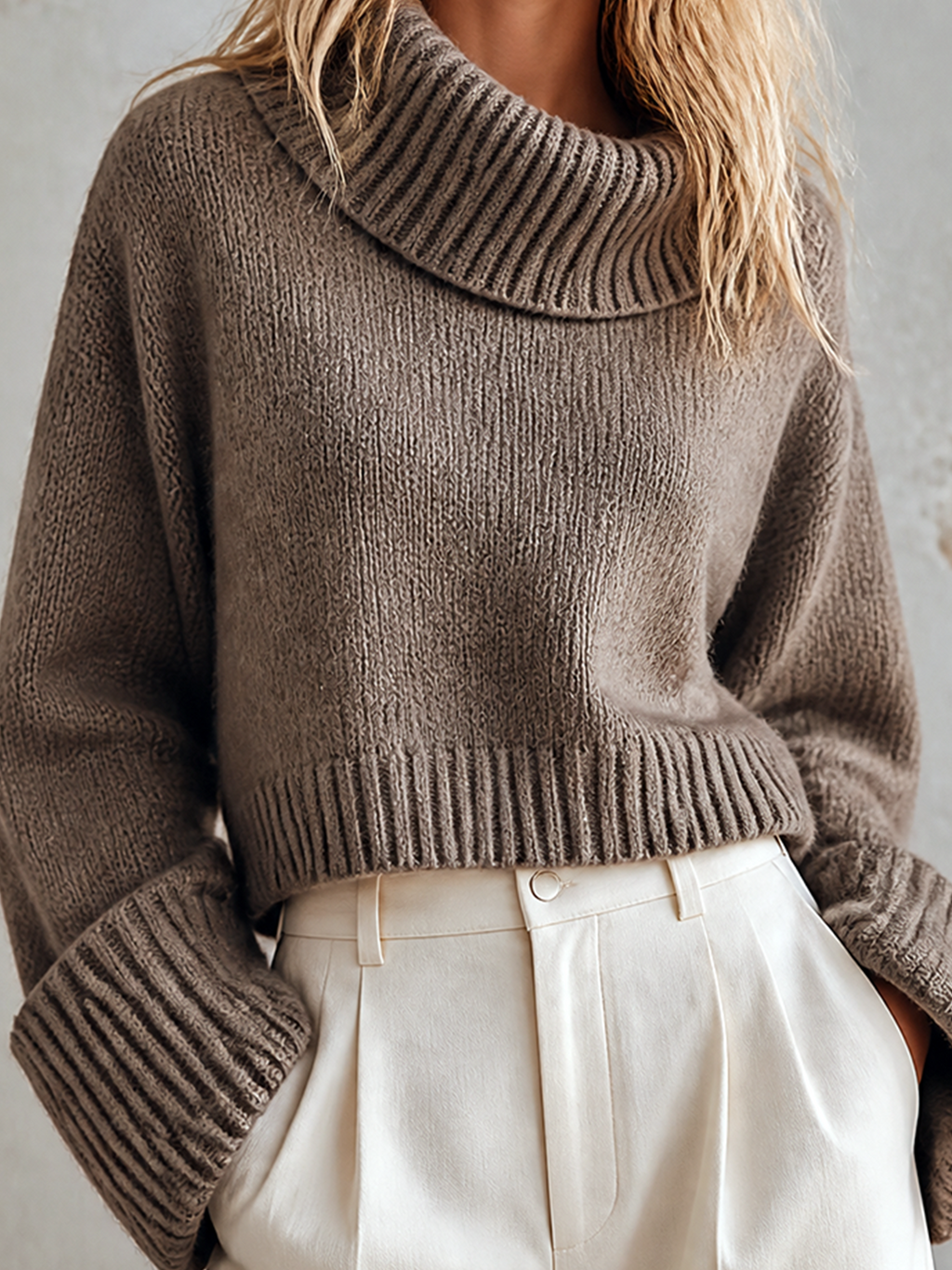 Chic Casual Taupe Brown Fold‑Over Turtleneck Dropped-Shoulder Long-Sleeve Loose-Fit Fuzzy Wool‑Blend Knit Sweater