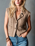 Chic Elegant Camel Notched Collar Sleeveless Single-Breasted Patch Pockets Wool Blend Cable-Knit Vest