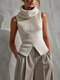 Chic Casual Off‑White Cowl Neck Full‑Zip Sleeveless Loose-Fit Ribbed Knit Tank Top