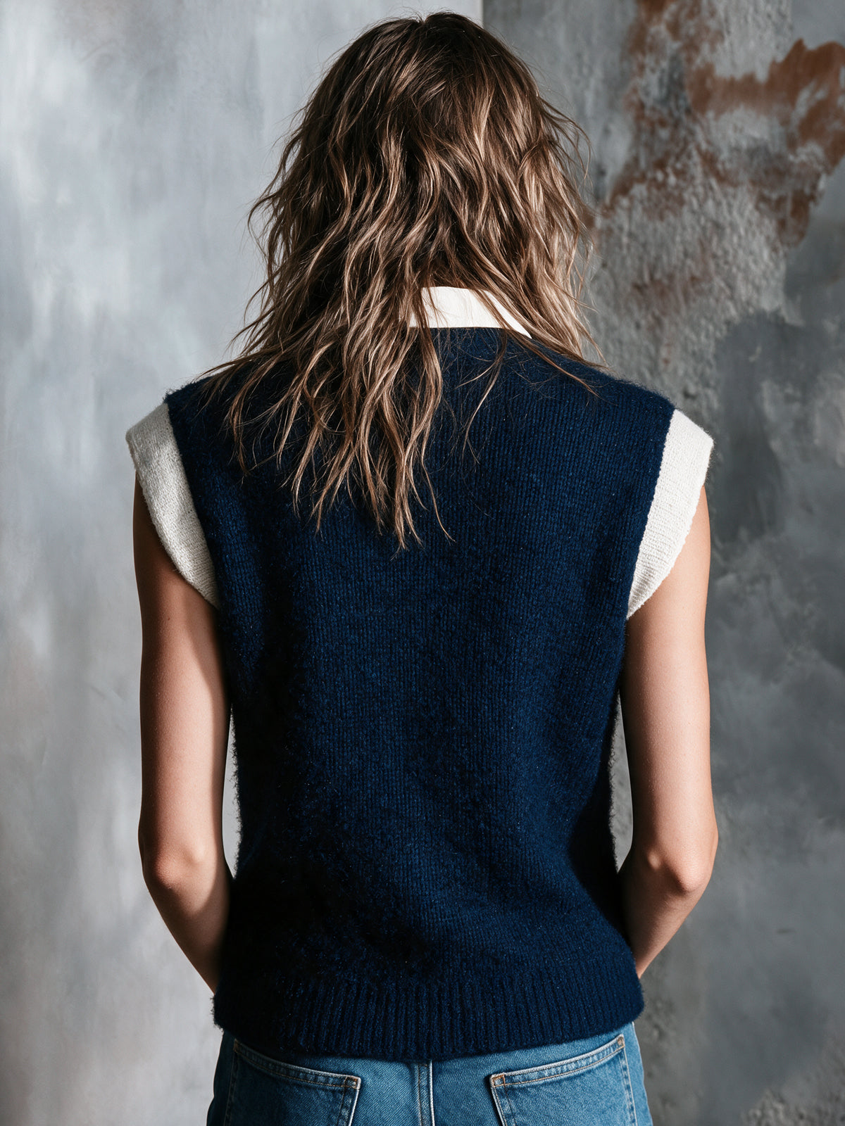 Chic Elegant Navy Blue-White Colorblock V-Neck Sleeveless Single-Breasted Patch Pockets Wool Blend Knit Vest
