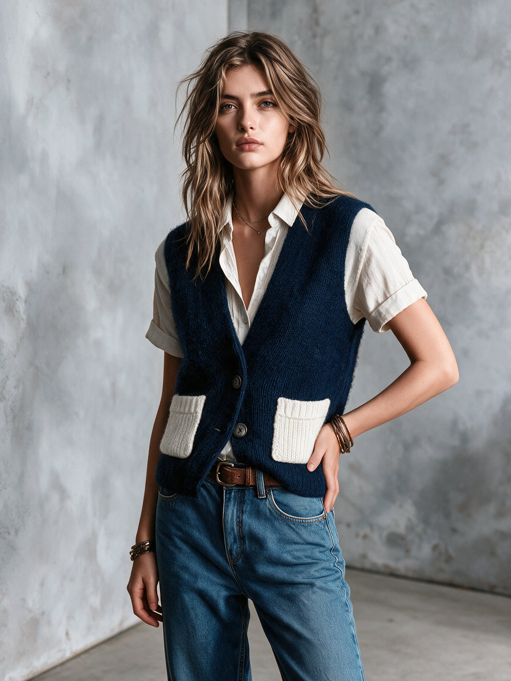 Chic Elegant Navy Blue-White Colorblock V-Neck Sleeveless Single-Breasted Patch Pockets Wool Blend Knit Vest