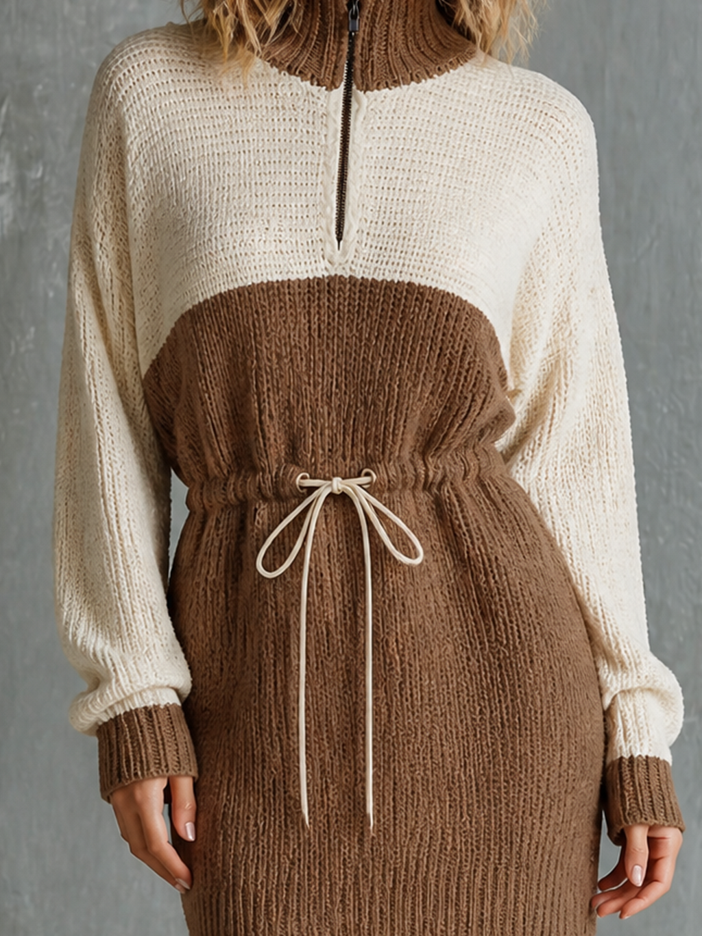 Chic Casual Off‑White-Camel Colorblock Half‑Zip Stand Collar Long-Sleeve Drawstring Waist Loose-Fit Knit Mini Dress